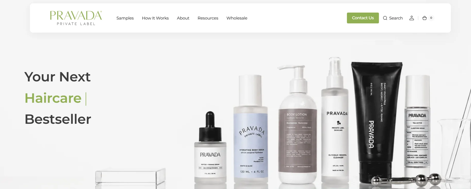 A display of Pravada branded private label haircare and skincare products, including bottles and tubes, on a white background with text reading 'Your Next Haircare Bestseller'.